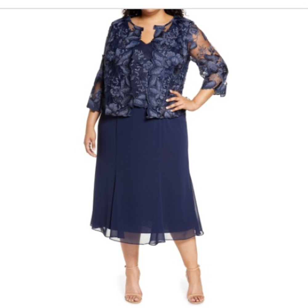 NWT Alex Evenings Mock Jacket MIDI Dress Navy 14W, 16W